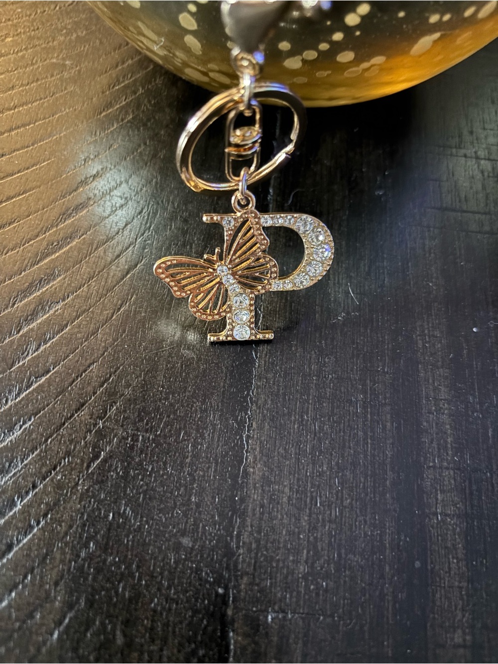 Rhinestone Butterfly 'P' Gold Keychain